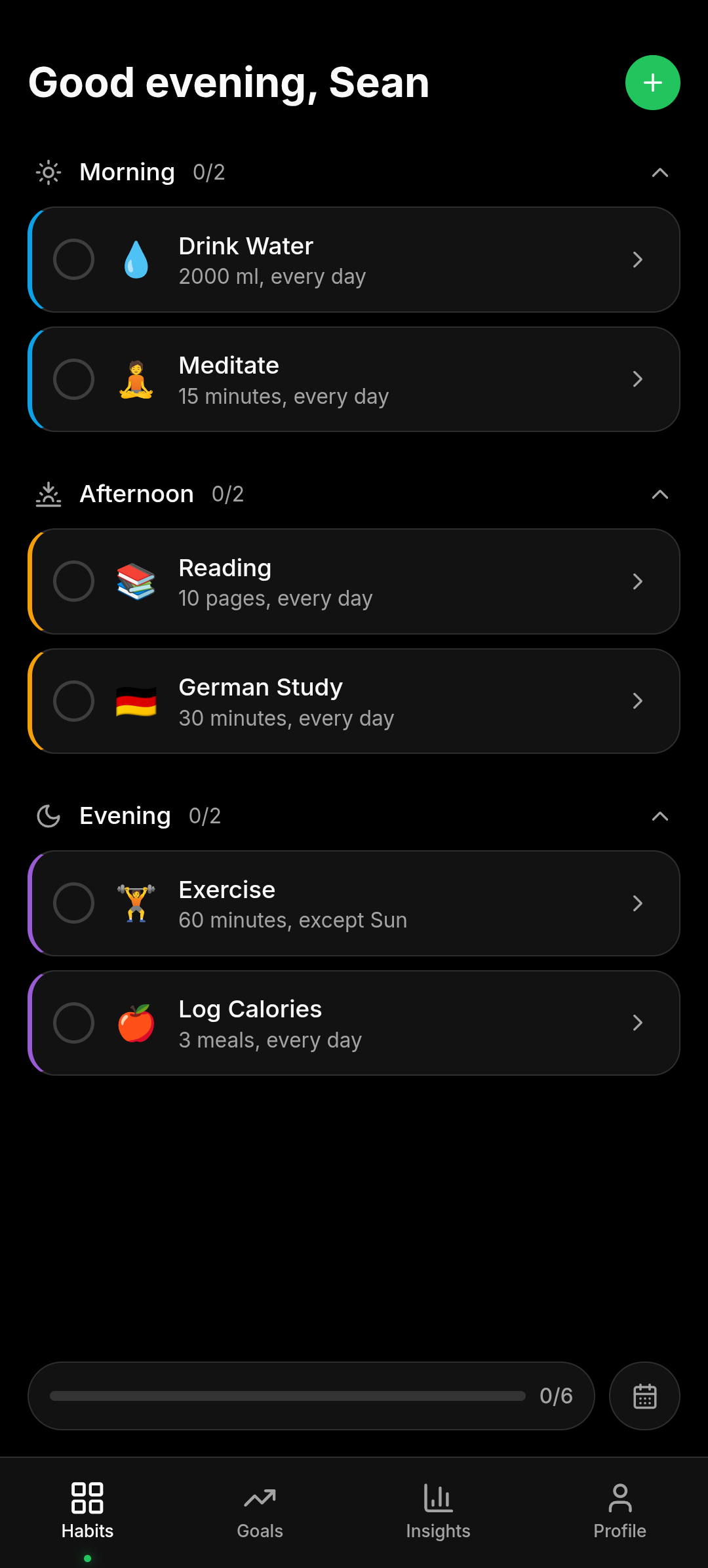 Ptrn habit tracker app homepage showing morning, afternoon and evening habits